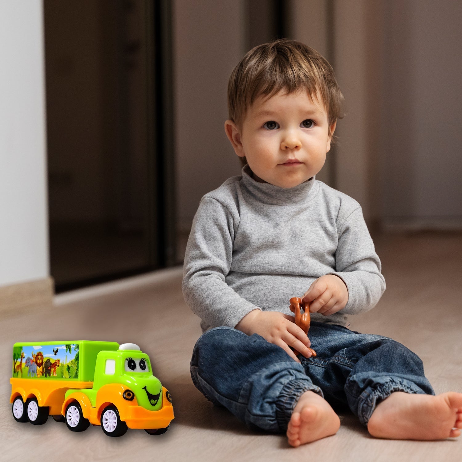 Green and yellow toy truck, small and vibrant